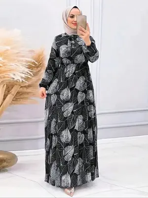 Women's Leaf Print Knot Front Long Sleeve A Line Dress without Hijab, Casual Bishop Sleeve Round Neck Maxi Dress for Daily We...