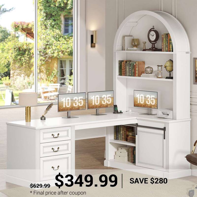 SEDETA ® 67 Inch Mid-Century L Shaped Office Computer Desk Corner Desk with Tall Arched Bookshelf 3 Drawers Storage Shelves ...