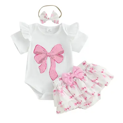 Baby Girls 3Pcs Summer Outfit Short Sleeve Bow Embroidery Romper + Shorts + Headband Set Infant Clothes