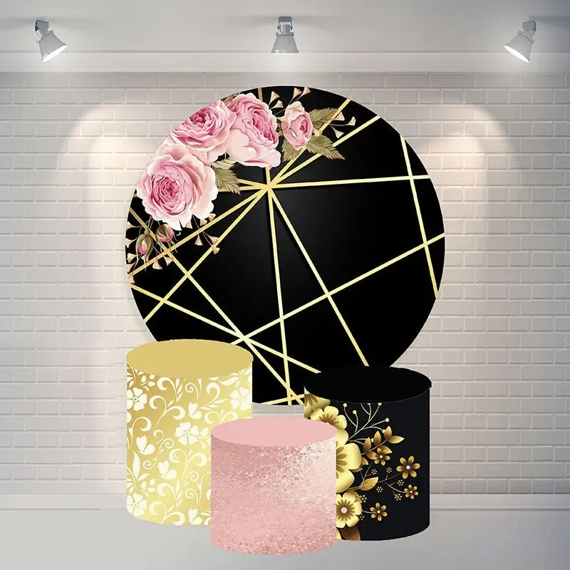 Aperturee Pink Flower Gold Black Happy Birthday Circle Backdrop | Round Party Backdrop | Birthday Backdrop Ideas | Birthday R...