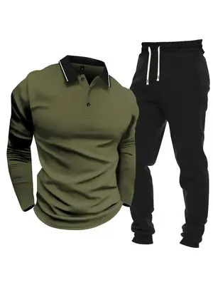 Men's Plain Button Front Polo Shirt & Drawstring Waist Pants Set, Regular Fit Long Sleeve Collared Top & Jogger Pants, Men T...