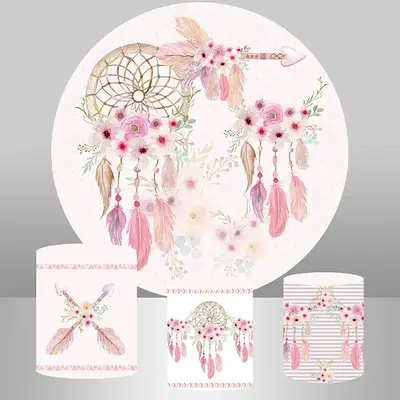 Aperturee Pink Feather Dreamcatche Circle Girls Birthday Backdrop | Round Backdrop Fabric Cover | Birthday Backdrop Ideas | C...