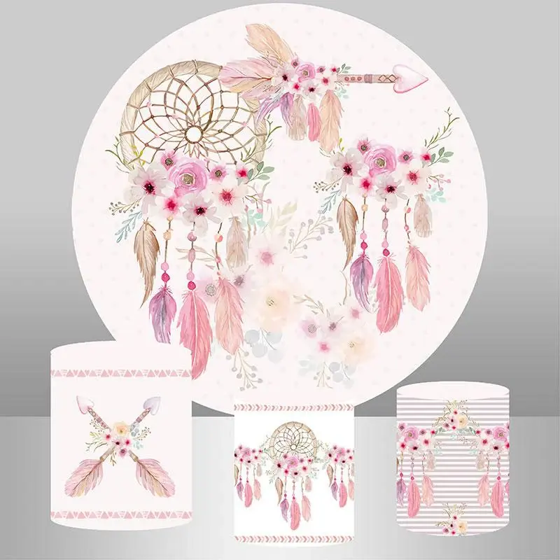 Aperturee Pink Feather Dreamcatche Circle Girls Birthday Backdrop | Round Backdrop Fabric Cover | Birthday Backdrop Ideas | C...