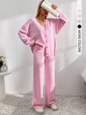 Women's Solid Button Front Drop Shoulder V Neck Cardigan & Elastic Waist Wide Leg Pants Two-piece Set, Casual Fashion Cozy Kn...