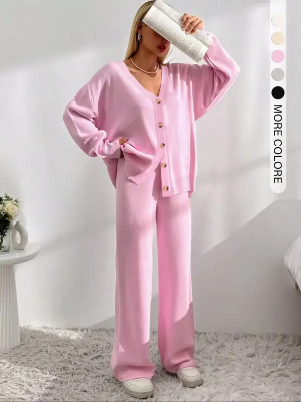 Women's Solid Button Front Drop Shoulder V Neck Cardigan & Elastic Waist Wide Leg Pants Two-piece Set, Casual Fashion Cozy Kn...
