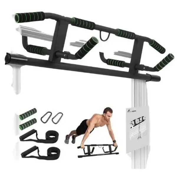 Tikaton Pull Up Bar for Doorway, Angled Grip Home Gym Equipment, with Shortened Upper & Bonus Suspension Straps for Pull-ups