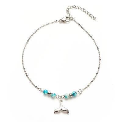 304 Stainless Steel Whale Tail Charm Anklet with Round Natural White Jade Beads for Women