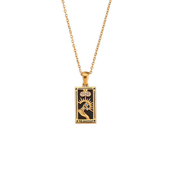 Rhinestone Tarot Card Pendant Necklace with Enamel