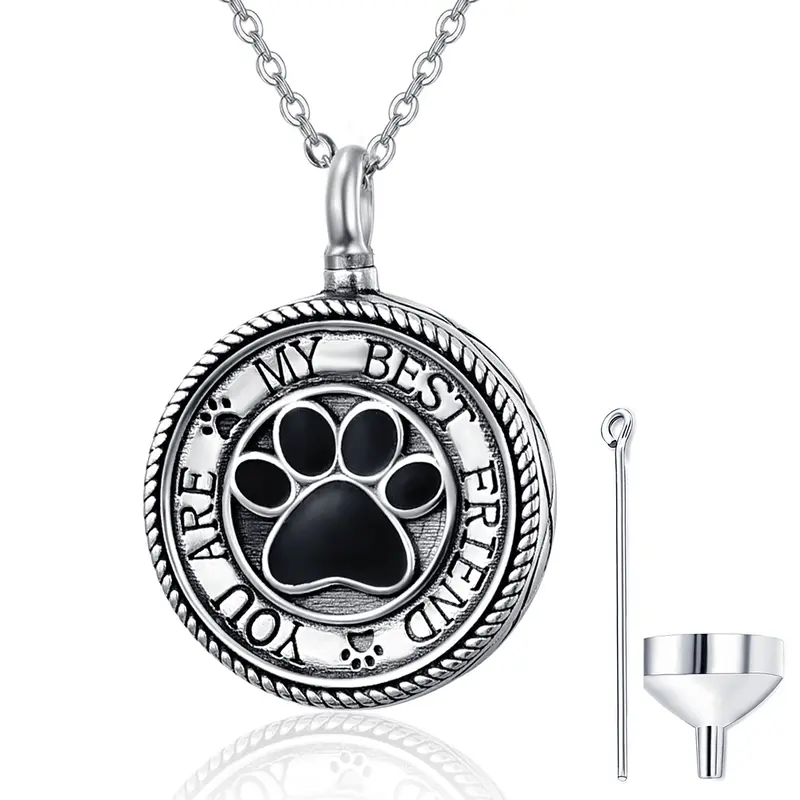 Sterling Silver Circular Shaped Paw Urn Necklace for Ashes