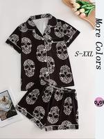 Women's All Over Skull Print Button Front Shirt & Shorts Pyjama Set, Comfort Two-piece Pj Set for Homewear, Women's Sleepwear...