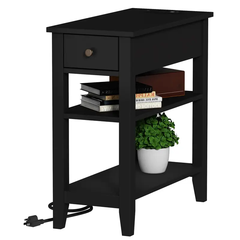 Narrow End Table with Charging Station, Side Table Living Room with USB Ports & Power Outlets and Hidden Drawer, 3-Tier Skinn...
