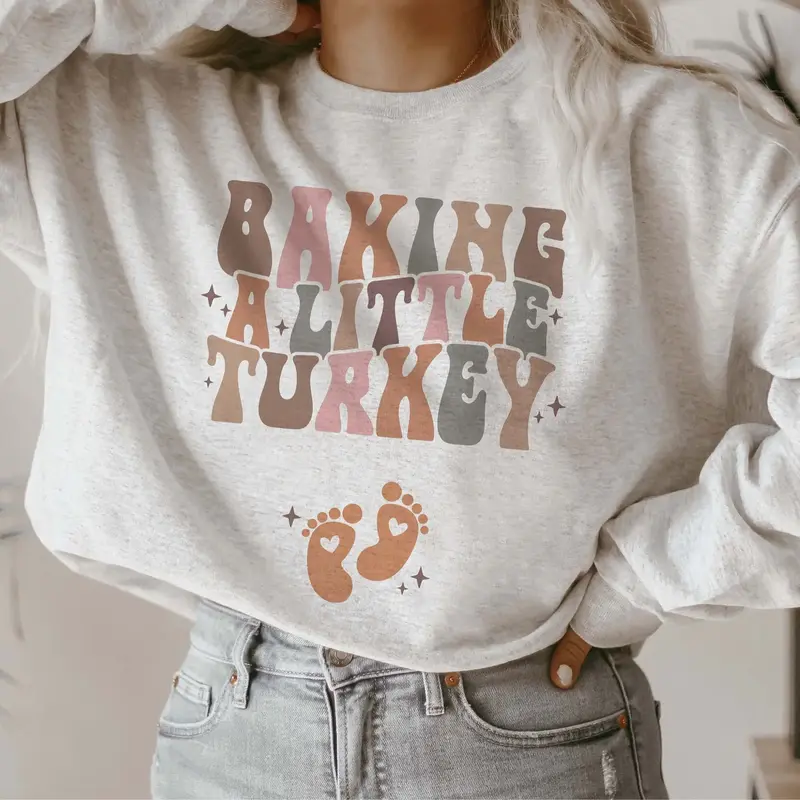 Baking a little Turkey Pregnancy Announcement Sweatshirt Fall Maternity Sweater Autumn Baby Reveal Outfit Thanksgiving Matern...
