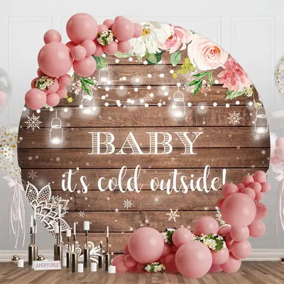 Aperturee Pink Floral Snowy Wooden Round Baby Shower Backdrop, Diameter 5Ft/1.5M, 49 USD, round baby shower backdrops, RHJ075...