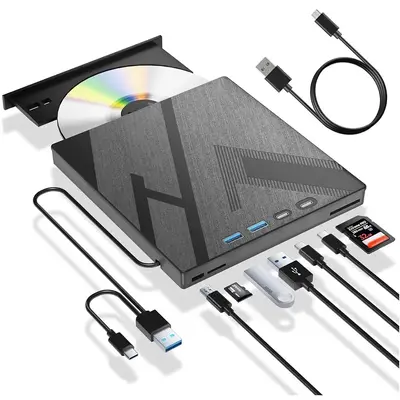 7 in 1 External DVD Drive, Multifunctional External CD/DVD Drive with Type C & USB A & SD/TF Port, CD Burner, DVD Player, Sui...