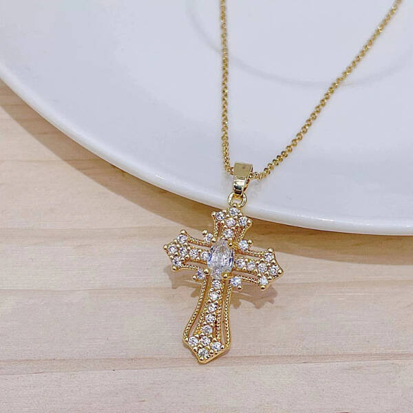 Alloy Crystal Rhinestone Religion Cross Pendant Necklaces for Women Men