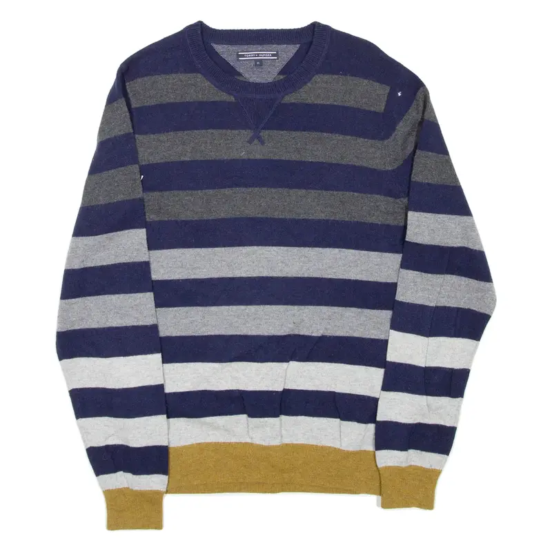 TOMMY HILFIGER Mens Patterned Jumper Blue Striped Tight Knit Wool M