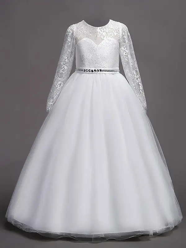 Girl's Contrast Lace Sheer Zipper Back Chiffon Dress, Elegant Rhinestone Decor Round Neck Contrast Mesh Tulle Dress for Party...