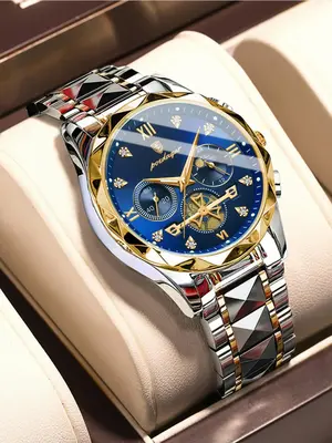 Men's Business Fashion Round Dial Stainless Steel Strap Quartz Watch, Waterproof Luminous Chronograph Watch with Box, Wristw...