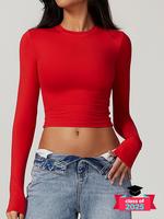 Women's Solid Round Neck Compression Sports Tee, Quick Drying Long Sleeve Crew Neck Crop T-shirt, Ladies Sportswear for Indoo...
