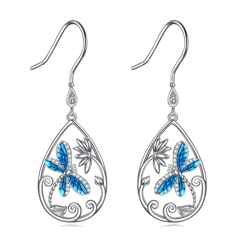 Sterling Silver Cubic Zirconia Dragonfly Drop Earrings