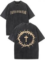 Faith over fear vintage washed high quality cotton printed T-shirt men's T-shirt old summer clothing dropped shoulder sleeves...