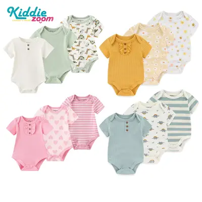 Kiddiezoom Ultra-Soft Cotton 3-Pack Summer Baby Bodysuits – Cartoon Cuties for Newborns Baby Clothes