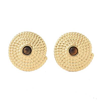 Natural Tiger Eye & 304 Stainless Steel Rope Disc Stud Earrings for Women