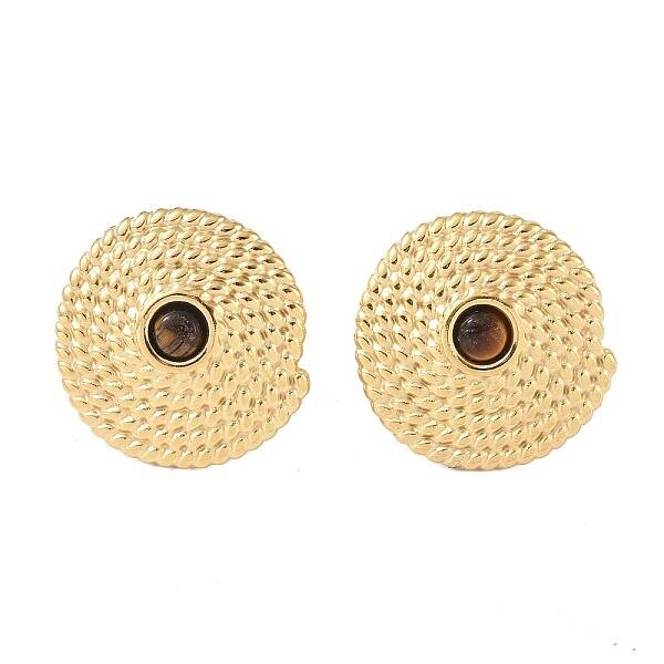 Natural Tiger Eye & 304 Stainless Steel Rope Disc Stud Earrings for Women