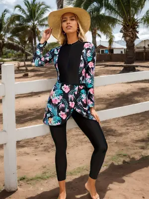 Women's Floral Print Long Sleeve Round Neck One-piece & Swim Cover Up Dress & Swim Bottom Set, Modest Swimwear Set for Beach ...