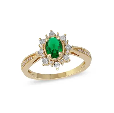 10K Gold Oval Cut Emerald & 0.1 CT Diamond Sunburst Frame Vintage Style Tapered Shank Engagement Band