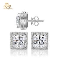 Delzzad Princess Halo Earrings S925 VVS Synthetic Moissanite Stud Earrings Synthetic Moissanite Jewelry Perfect Birthday Moth...