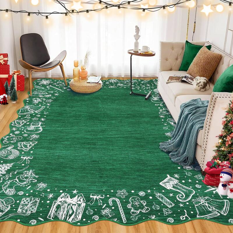 Garvee Christmas Area Rug Washable Scalloped Bedroom Carpet with Non-Slip Backing, Non-Shedding Low Pile Indoor Floor Carpet,...