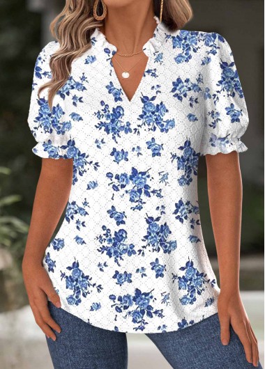 Modlily White Floral Print Short Sleeve Split Neck Blouse - M