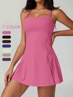 Women's Solid Color Sports Dress with Chest Pad, Breathable Comfortable Tennis Dress, Ladies Sportswear for Outdoor Tennis Go...