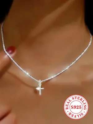925 Sterling Silver Fashion Cross Pendant Necklace for Women & Girls, Fashion Jewelry for Party, Daily, Trendy All-match & Ex...