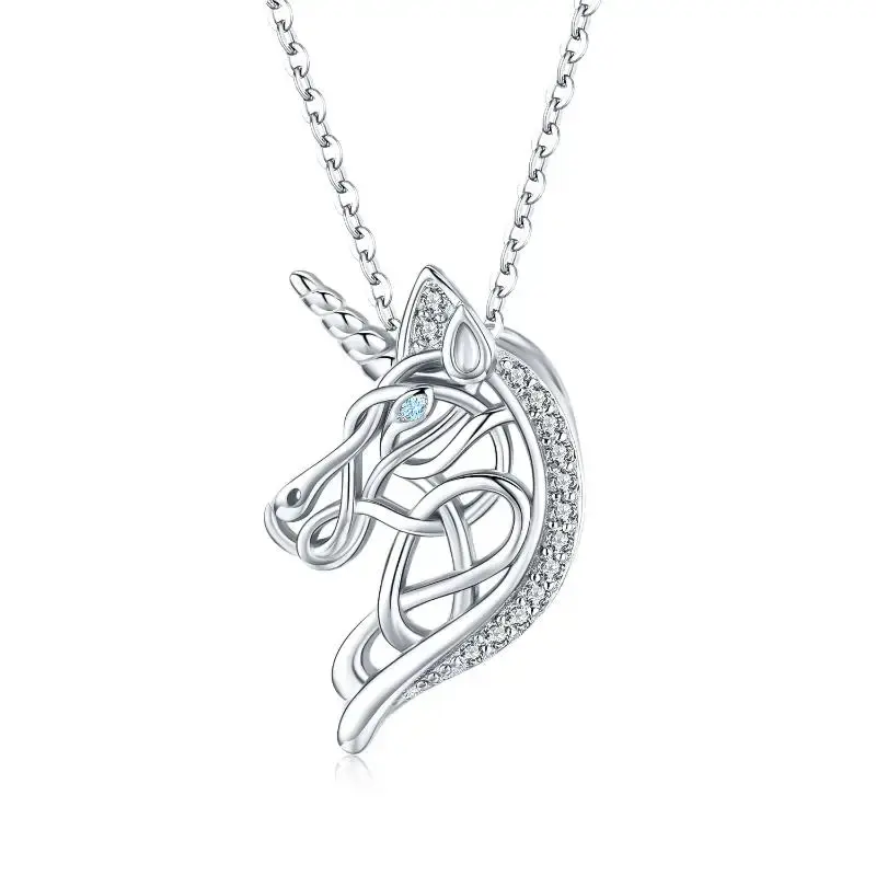 Sterling Silver Cubic Zirconia Celtic Knot & Unicorn Pendant Necklace