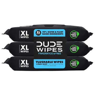 DUDE Wipes - Flushable Wipes - 3 Pack, 144 Wipes - Unscented Extra-Large - Vitamin-E & Aloe for at-Home Use - Septic and Sewe...