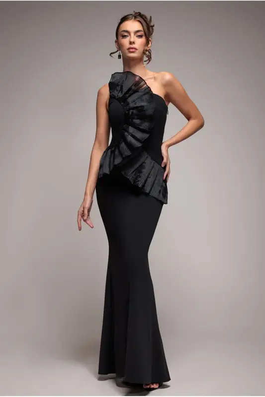 Goddiva One Shoulder Pleated Fan Maxi Dress - Black