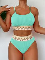 Two-piece Set Women's Chevron Textured Bikini Set, Casual Spaghetti Strap Swim Top & High Waist Swim Bottom, Ladies Swimsuit ...