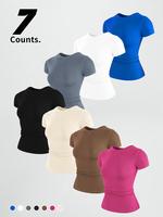 Women's Solid Color Round Neck Sports Tee, High Stretch Sporty Comfortable Breathable Crew Neck Short Sleeve T-shirt for Gym ...