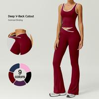 TimeOFF Two-Piece Color Block U-Neck Piped Tank & Bell Bottom Set | Stretch Fabric, Flared Fit | Yoga, Gym, Outdoor & Daily A...