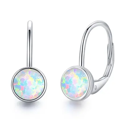 Sterling Silver Circular Shaped Opal Round Lever-back Earrings