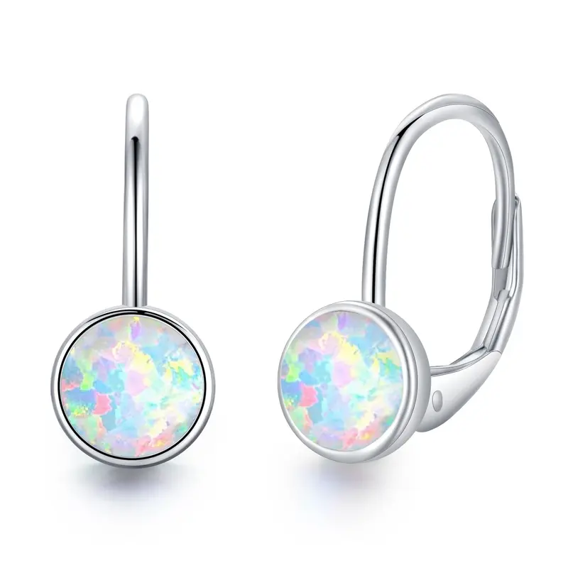 Sterling Silver Circular Shaped Opal Round Lever-back Earrings