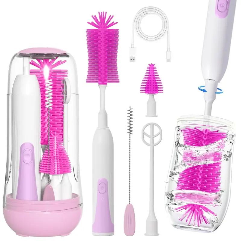 Electric Bottle Brush Set - 2 Modes & 360° Rotation, Waterproof Bless Bottle Baby Bottle Cleaner with Silicone Brushes, scru...