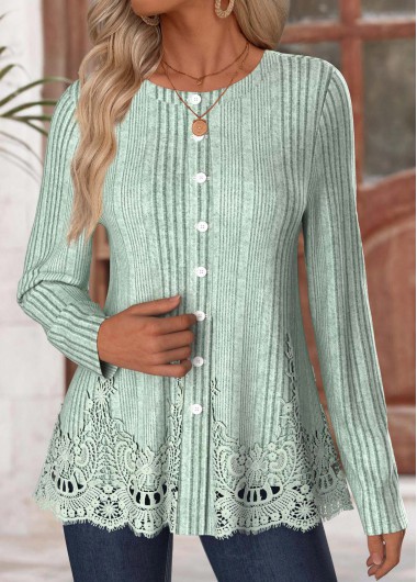 Modlily Sage Green Long Sleeve Round Neck T Shirt - XXL