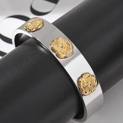 Flower 304 Stainless Steel Open Cuff Bangles for Women