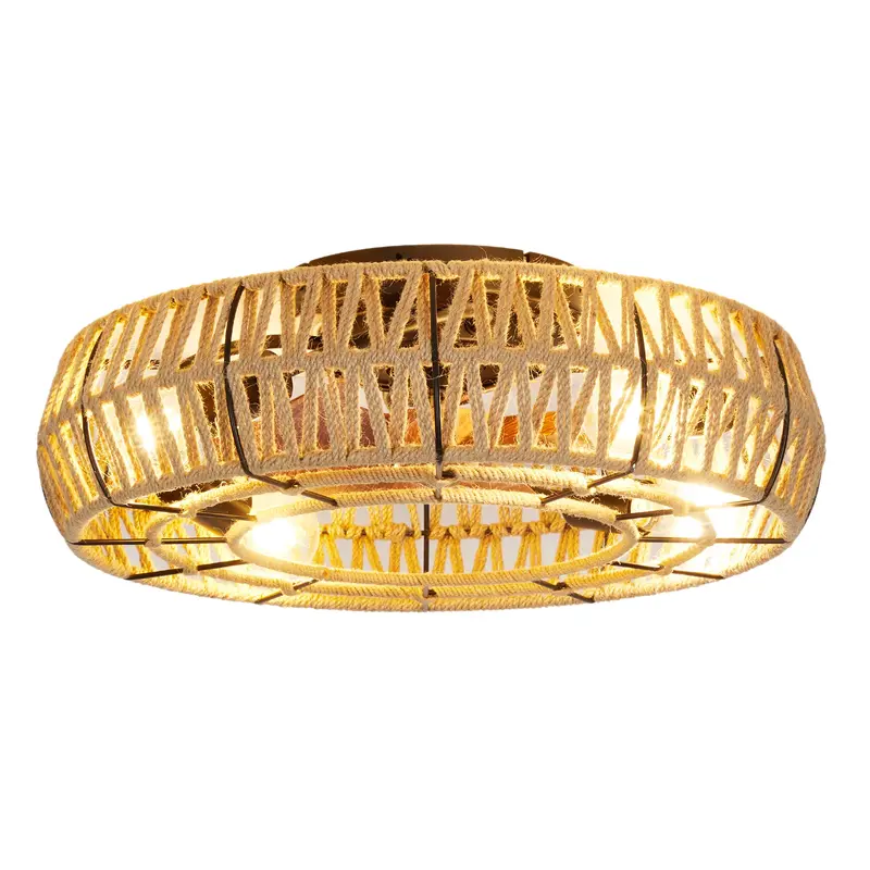 Garvee Rustic Caged Ceiling Fan with Light - 20 Inch Flush Mount Fandelier - Handwoven Industrial Fiber Rope Design - 6-Speed...