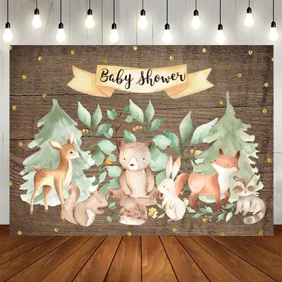 Aperturee Forest Animal Wooden Gold Glitter Backdrop for Baby Shower