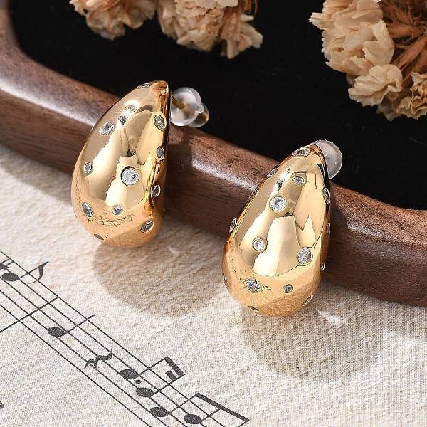 Teardrop Brass Micro Pave Clear Cubic Zirconia Stud Earrings