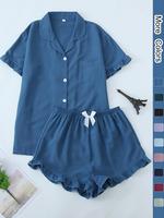 Women's Solid Ruffle Trim Crop Top & Shorts Pyjama Two-piece Set, Casual Comfy Short Sleeve Top & Shorts PJ Set, Ladies Sleep...